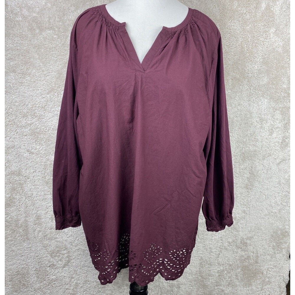 Lane Bryant Top Womens Plus Sz 24 Long Sleeve Tunic Burgundy Eyelet Lace Hem